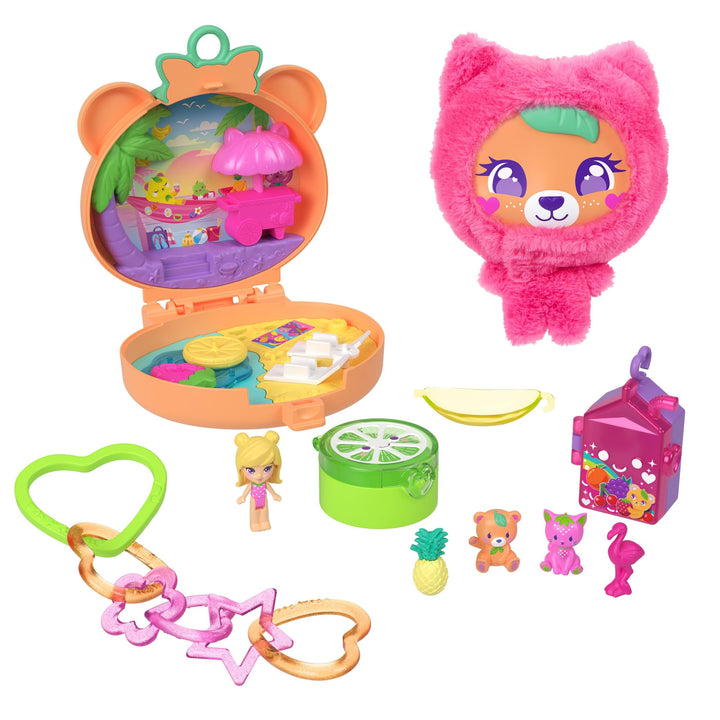 Polly Pocket Puppen- und Haustier-Spielset, Plüschbär-Schatulle, Schlüsselanhänger und Plüschtier, O