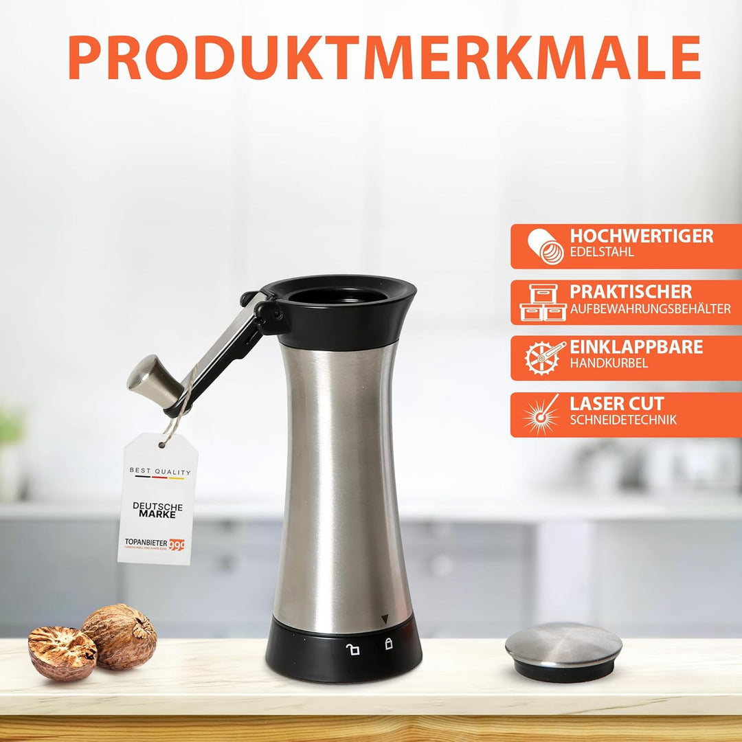 Topanbieter999 Muskatmühle mit Muskatnussfach und Klappbarer Kurbel