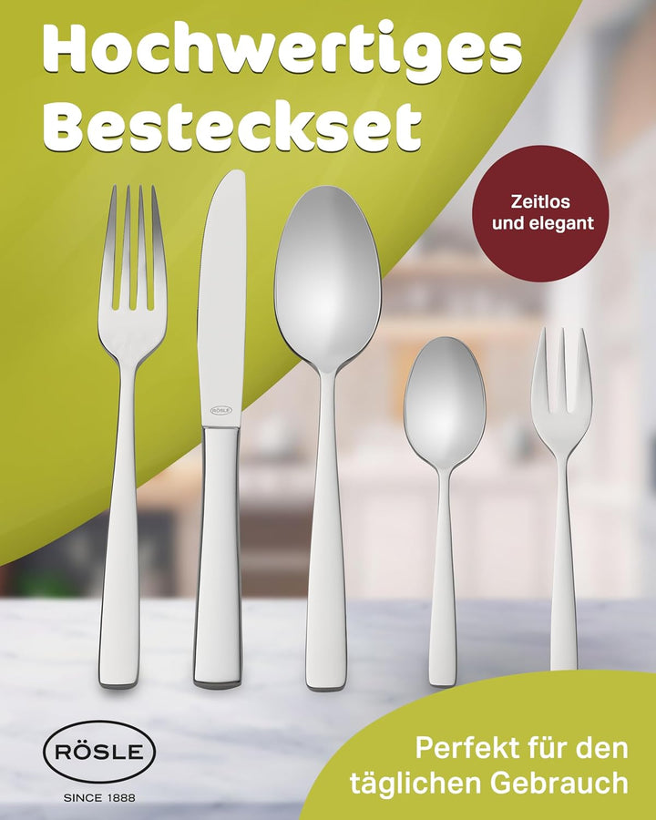 RÖSLE ELEGANCE Besteck 30-teilig, Hochwertiges Essbesteckset für 6 Personen aus Edelstahl 18/10, Kli
