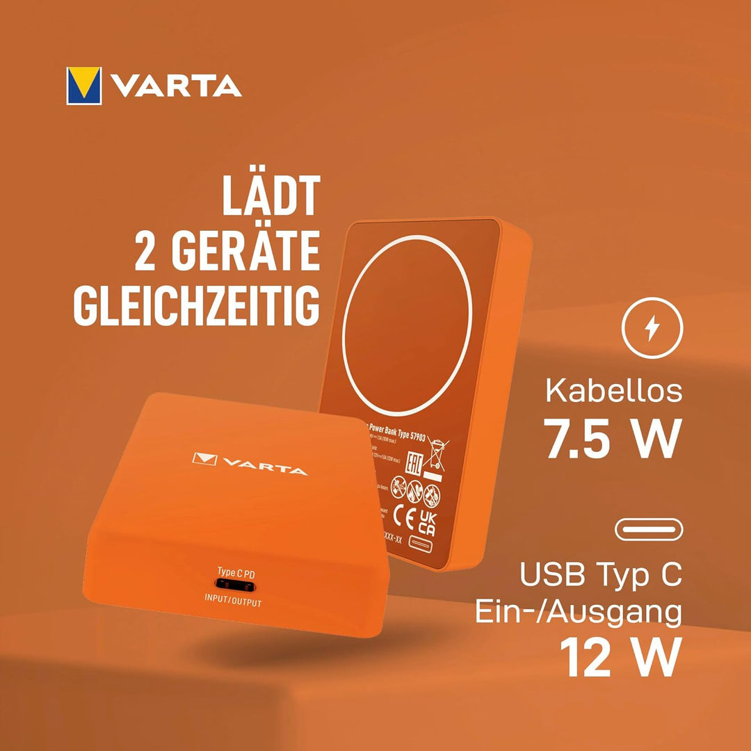 VARTA Power Bank 5000 mAh, magnetische, kabellose Powerbank, Mag Pro, Power on Demand, Ladegerät mit