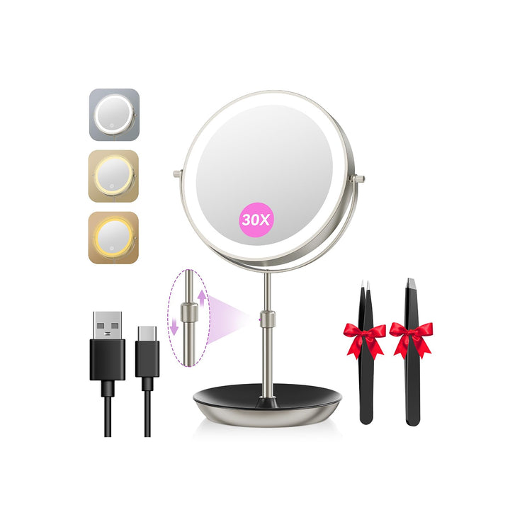 Auxmir 30X/1X Kosmetikspiegel mit Beleuchtung, 9 Zoll LED Schminkspiegel | 9 cm Höhenverstellbar, 30