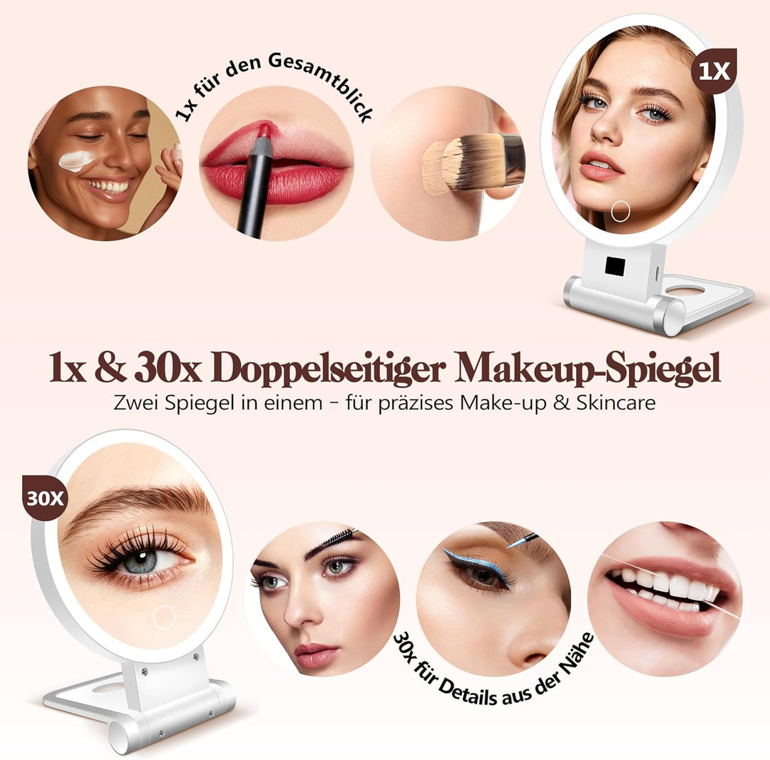 B Beauty Planet 30X/1X Kosmetikspiegel mit Vergrösserung, Digitaler Batterieanzeige, 4-in-1-Ständer,