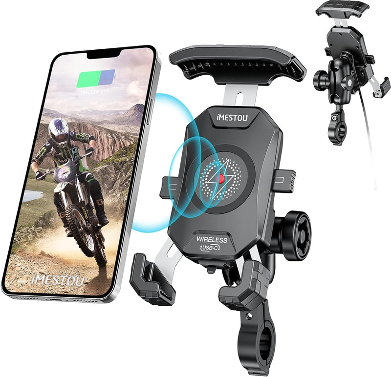 iMESTOU Motorrad Kabellose Telefonhalterung Ladegerät mit Qi & USB C Port, Anti-Diebstahl 1 "Ball Le