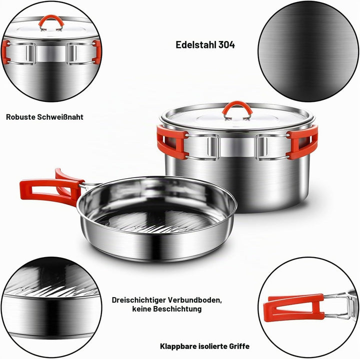 Camping Kochgeschirr Set,Camping Koch Set,304 Edelstahl Campingtöpfe und Pfannen Set,Campinggeräte f