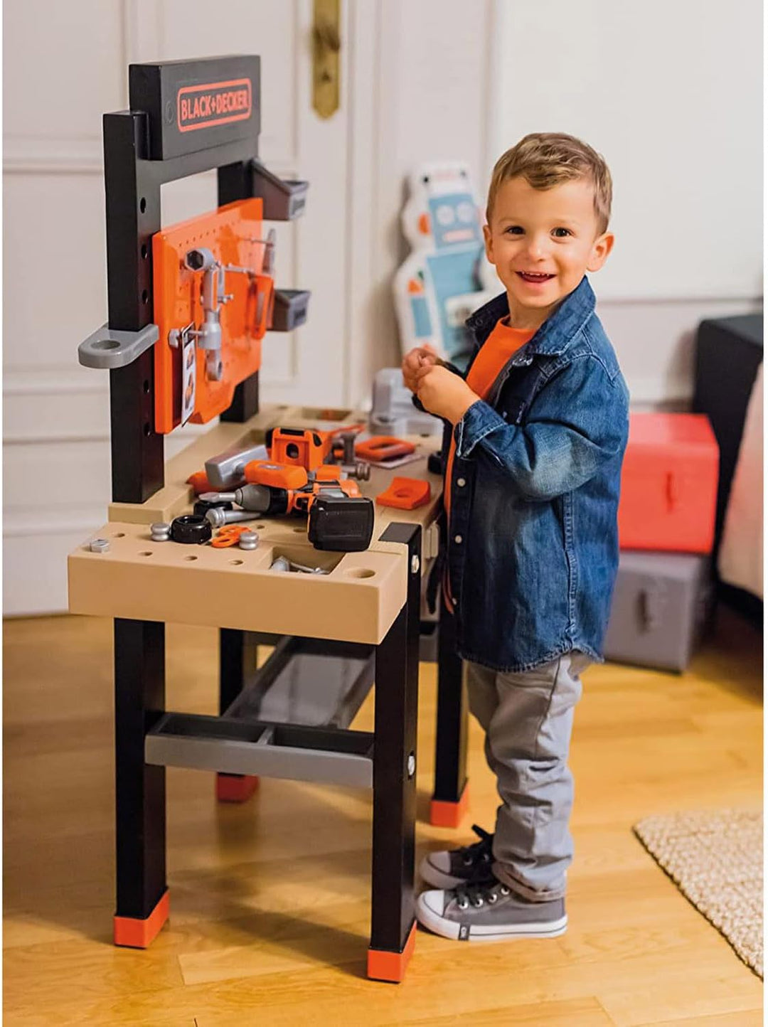 Smoby - Black+Decker Werkbank Center - 92-teilig, mit mechanischem Akkuschrauber, Autobausatz, Werkz