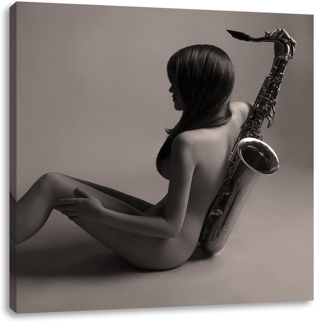 Pixxprint Attraktive Frau mit Saxophone als Leinwandbild | Grösse: 70x70 cm | Wandbild | Kunstdruck