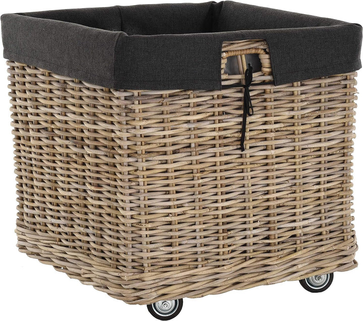 Grosser Rollkorb mit Griffen / Holzkorb mit Rollen aus grauem Natur Rattan / Aufbewahrung Holz-Wagen