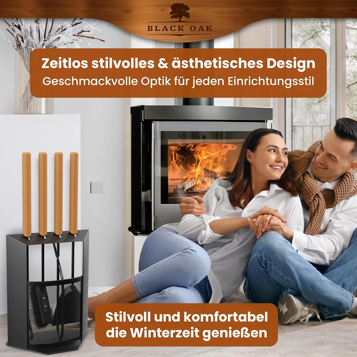 BLACK OAK Kaminbesteck DAVOS 5-teilig mit Lederhandschuh - edles &amp; dekoratives Ofenbesteck Set schwa