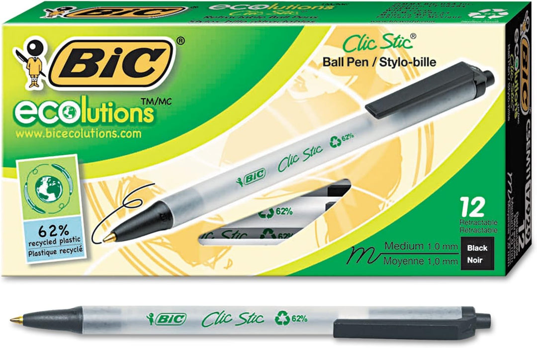 BICamp;reg; ecoLutions Clic Stic Retractable Ballpoint Pen, Black Barrel/Ink, Med Pt, 12/Dz