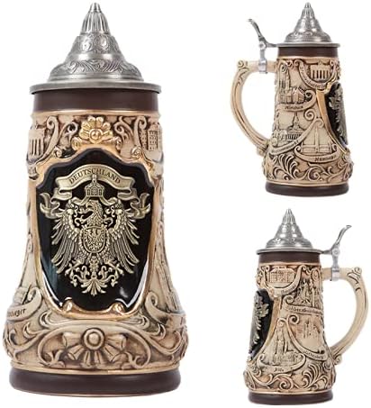 NENBOLEC Bierkrug mit Zinndeckel Bierseidel Steinkrug Gravur Deutsch Zinnwappen Beer Stein 0.9L