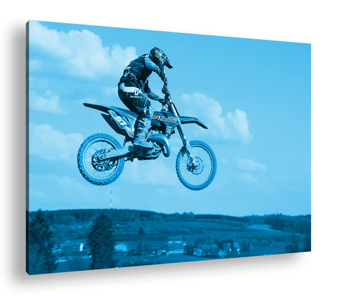 deyoli Motocross Stunt Format 80x60 Effekt: Monocrome Blau als Leinwandbild, Motiv fertig gerahmt au