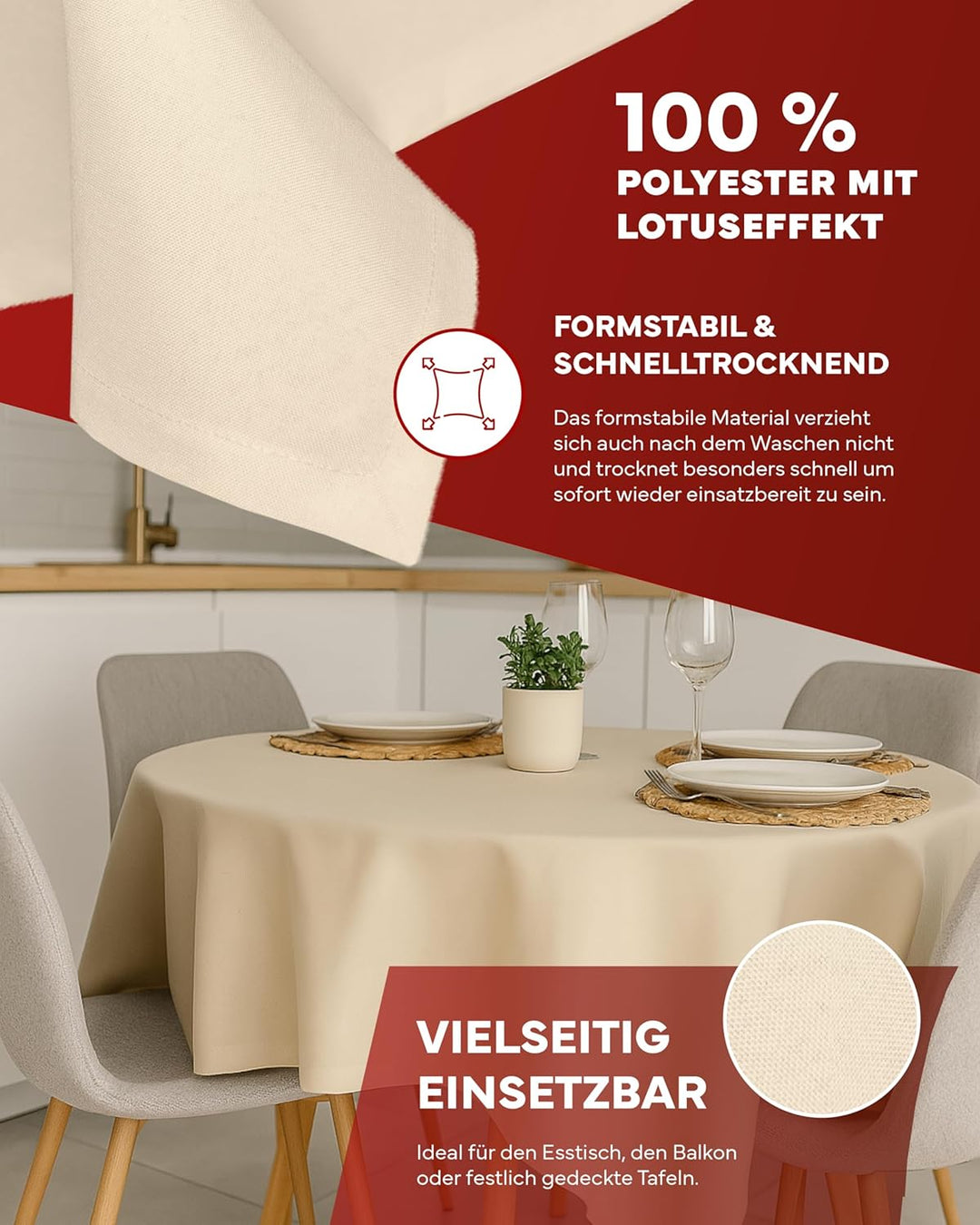 texpot Gartentischdecke 220 cm rund in Champagner mit Leinen Optik Lotuseffekt Fleckschutz Bügelfrei