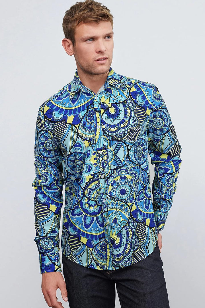 HISDERN Herren Paisley Hemd Langarm Satin Blumen Muster Hemd für Männer Jacquard Stickerei Freizeith