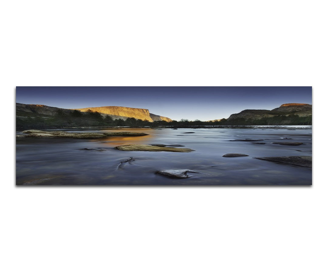 Paul Sinus Art Panoramabild auf Leinwand und Keilrahmen 150x50cm Felsen Bäume Fluss Steine Abendlich