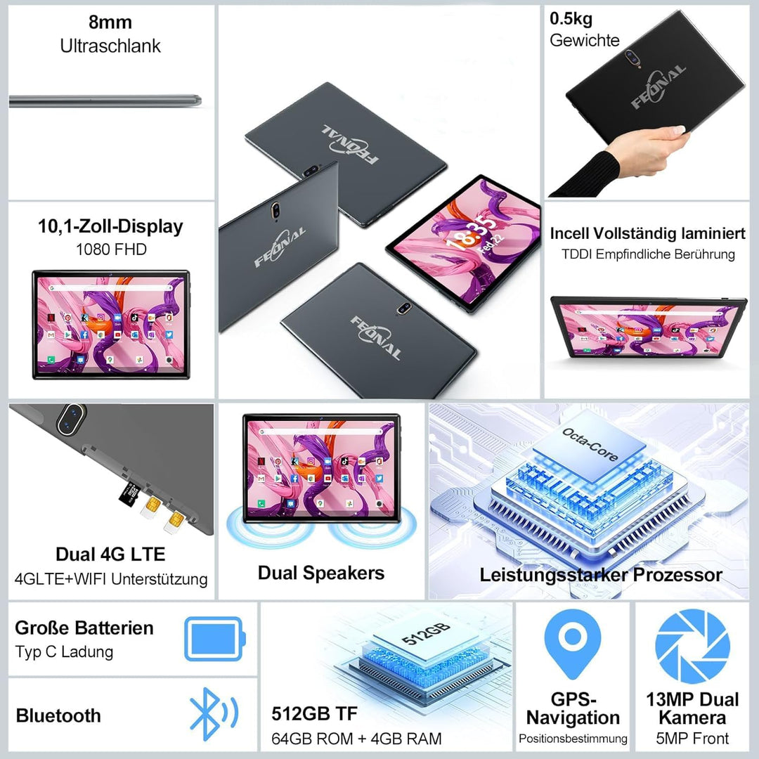 2024 Neueste Tablet 10 Zoll,3-in-1 Tablet Mit Tastatur Maus Stift,Android 13 4G LTE Tablets Mit 2 SI