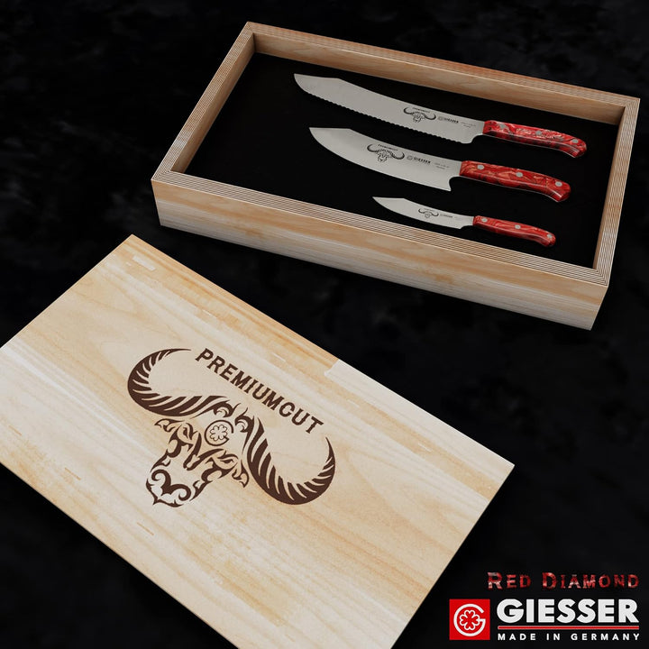 GIESSER seit 1776 - Made in Germany - Messerset 3 teilig, Red Diamond, PremiumCut, Kochmesser 20 cm,