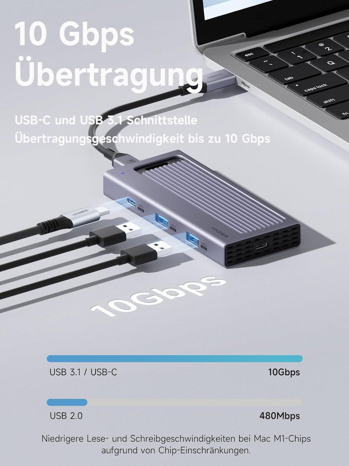 Hagibis USB-C-Hub mit M.2-SSD-Gehäuse, magnetische Abdeckung, einfache Demontage, externes Festplatt