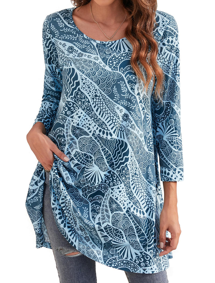 Enmain Damen Tunika Shirt Langarm/Kurzarm Bluse mit Blumen Longshirt Casual Elegante 3/4 Ärmel Rundh