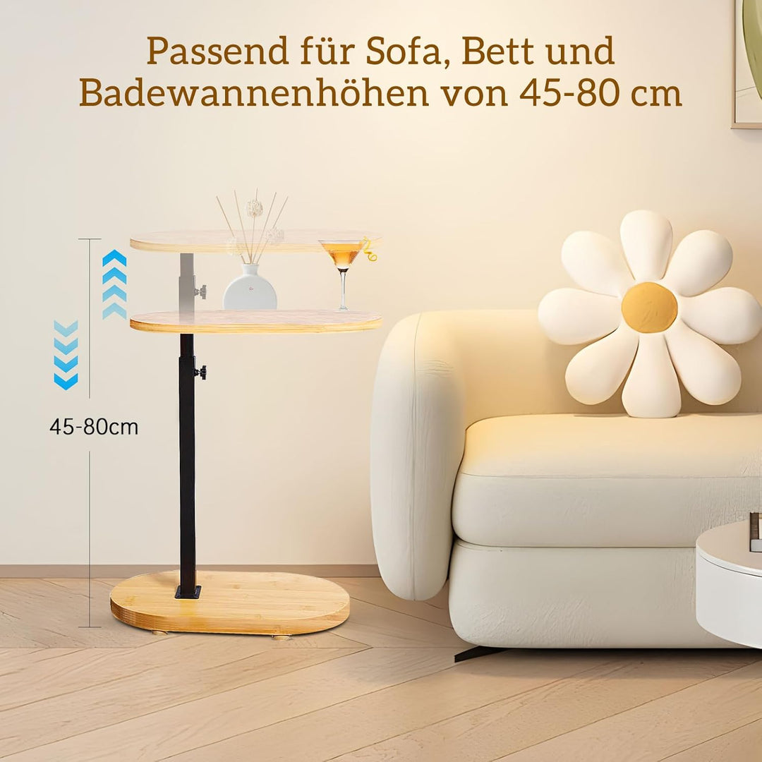 KUKKUME Beistelltisch C Form Höhenverstellbar Kleiner Tisch Bambusholz und Metall Couchtisch Sofatis