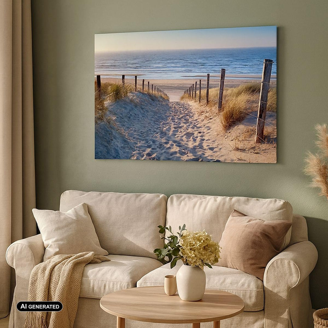 Bilder auf Leinwand 100x70cm Leinwandbild mit Rahmen Meer Strand Düne Gross Wanddeko Bild Schlafzimm