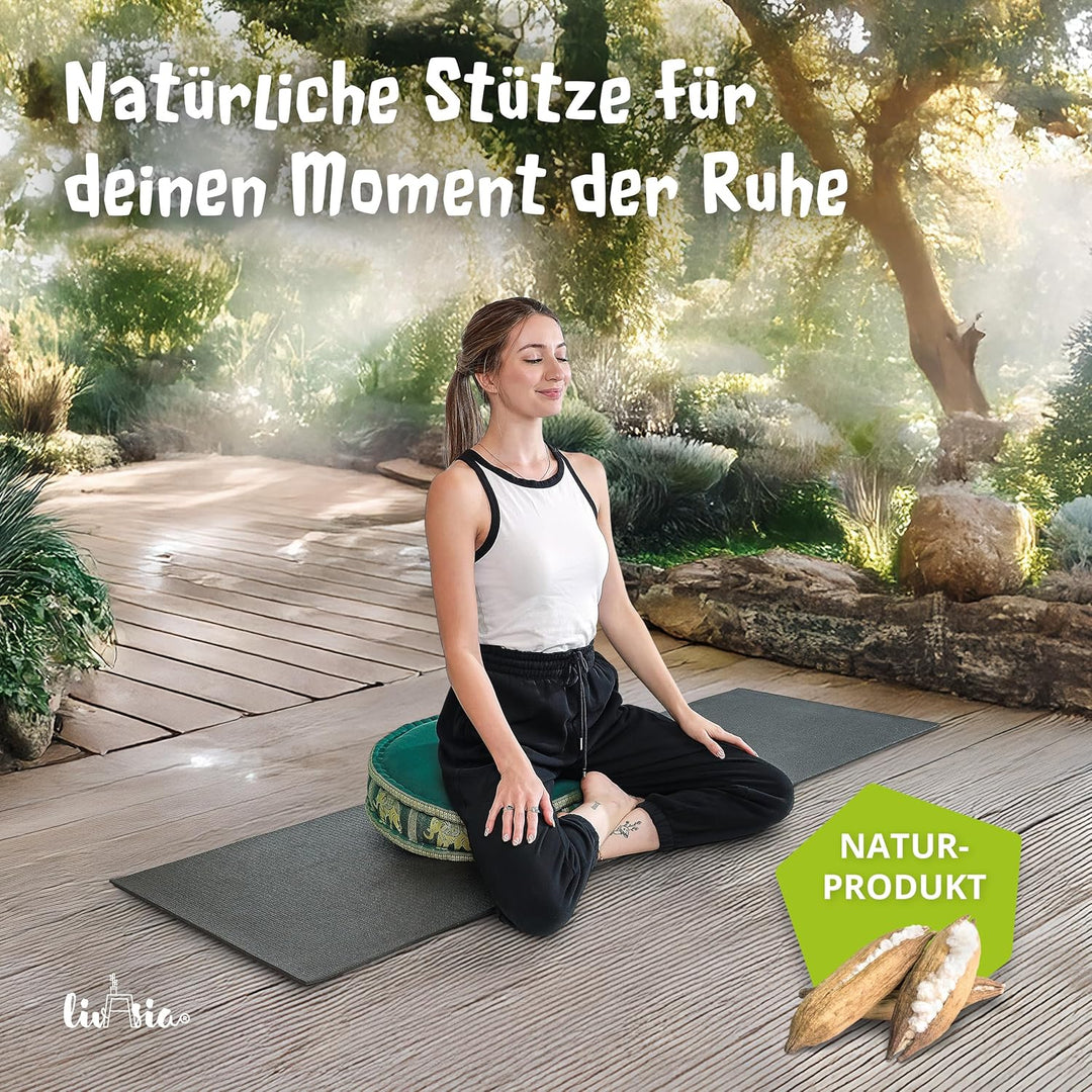 livasia Meditationskissen mit Thaiseide - Ø 45x15cm - Yogakissen mit Kapok, Pouf, Bodenkissen für Yo