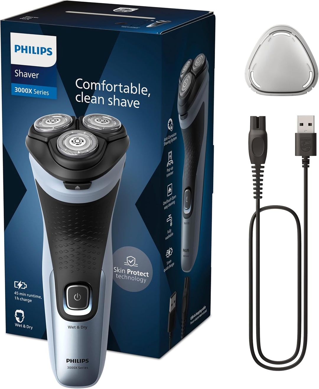 Philips Shaver Series 3000X – Elektrischer Nass- und Trockenrasierer für Männer in Himmelblau, mit S