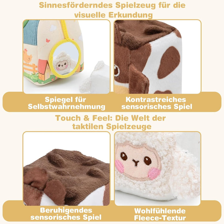 Montessori Baby Spielzeug ab 6 -12 Monate, Weiches Bauernhof-Set mit 5 Tieren, Rassel & Spiegel, Sen