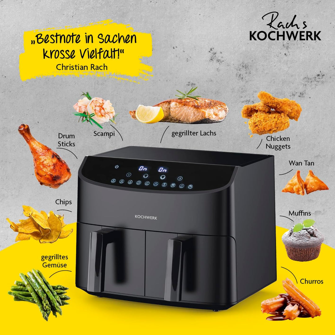 Rachs KOCHWERK Doppelkammer Heissluftfritteuse 7 L | Airfryer mit 2 Kammern jeweils 3,5 L | Heissluf