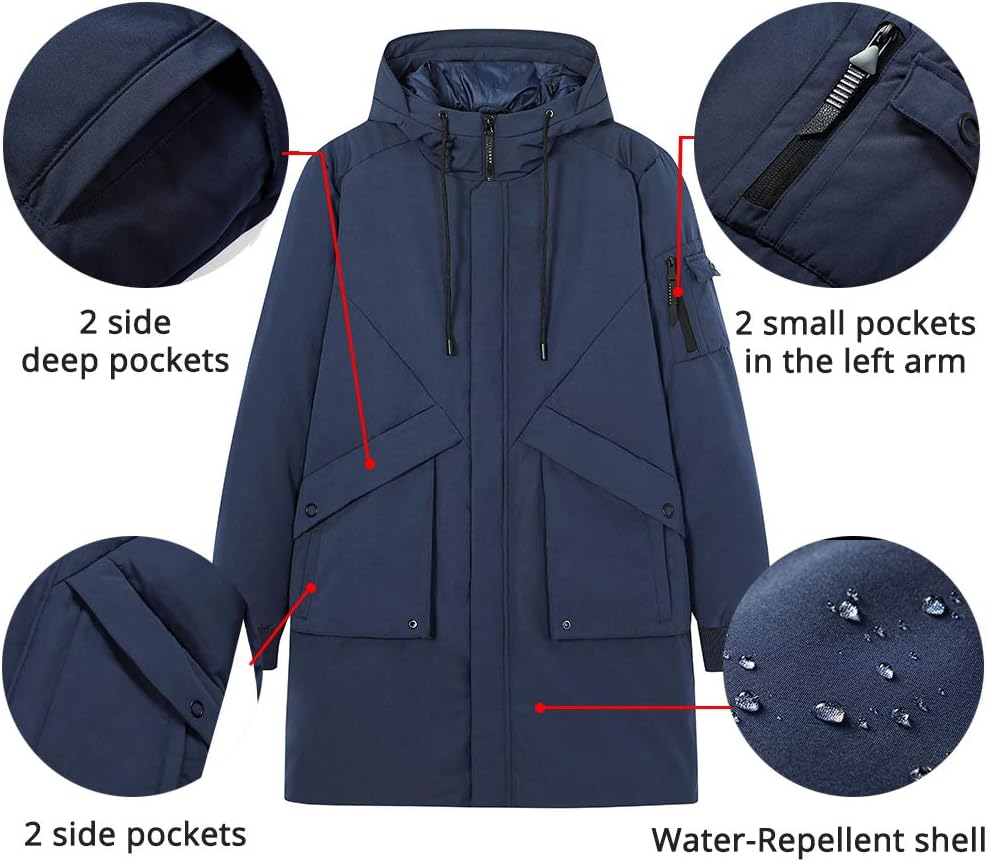Herren Winterjacke Warm Lang Warme Atmungsaktiv Jacken Outdoor Coat mit Kapuze, Dunkelblau