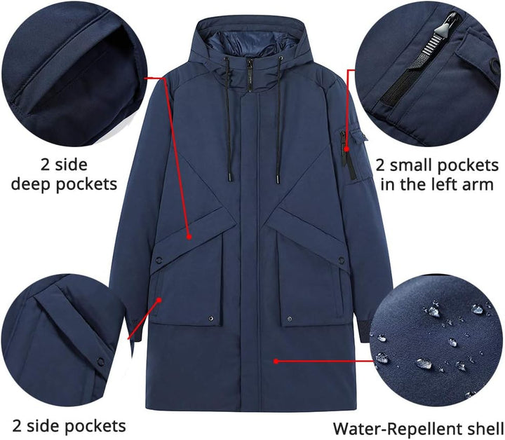 Herren Winterjacke Warm Lang Warme Atmungsaktiv Jacken Outdoor Coat mit Kapuze, Dunkelblau