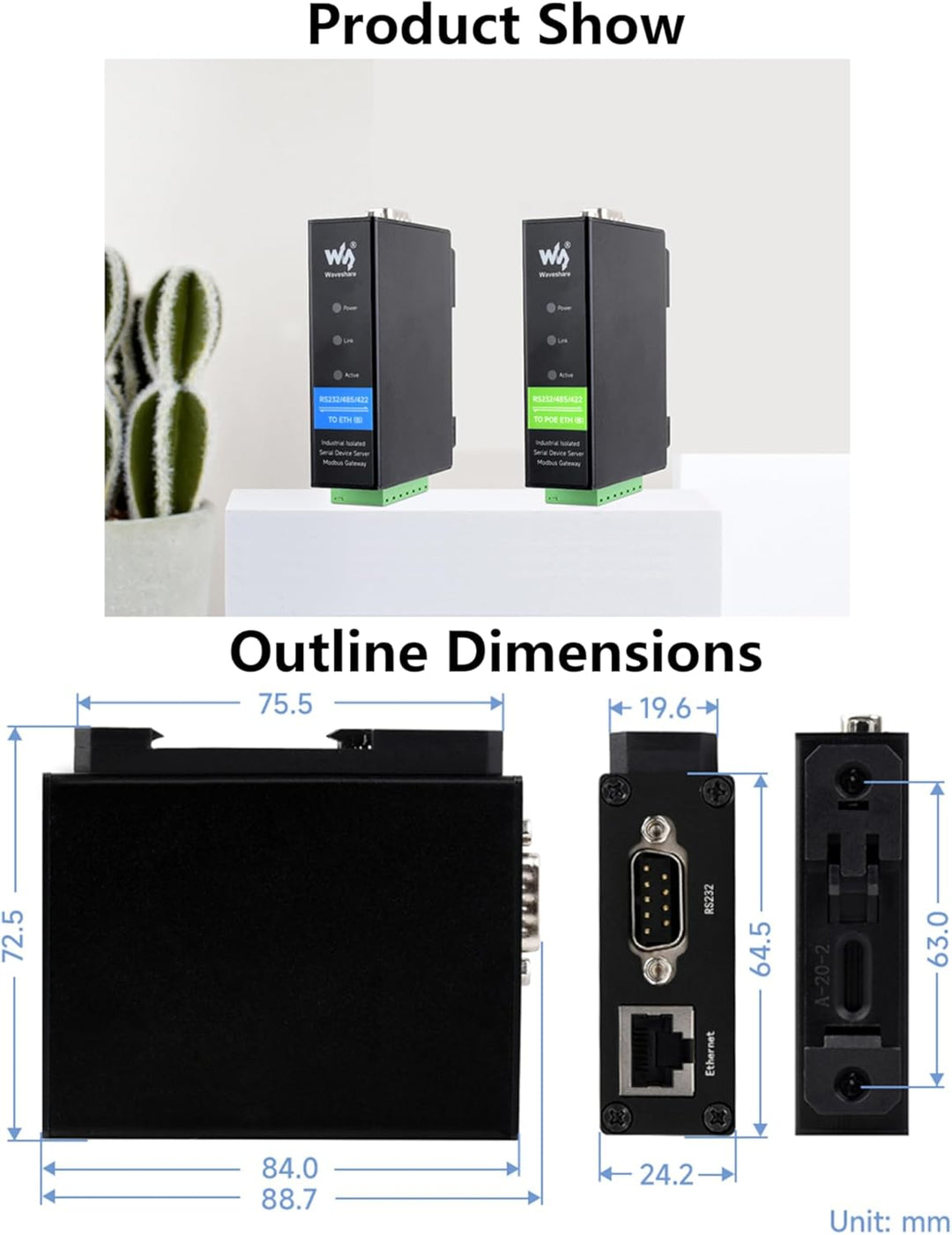 RS232/RS422/RS485 to RJ45 Ethernet Module, TCP/IP to Serial, Bi-Directional Transparent Data Transmi
