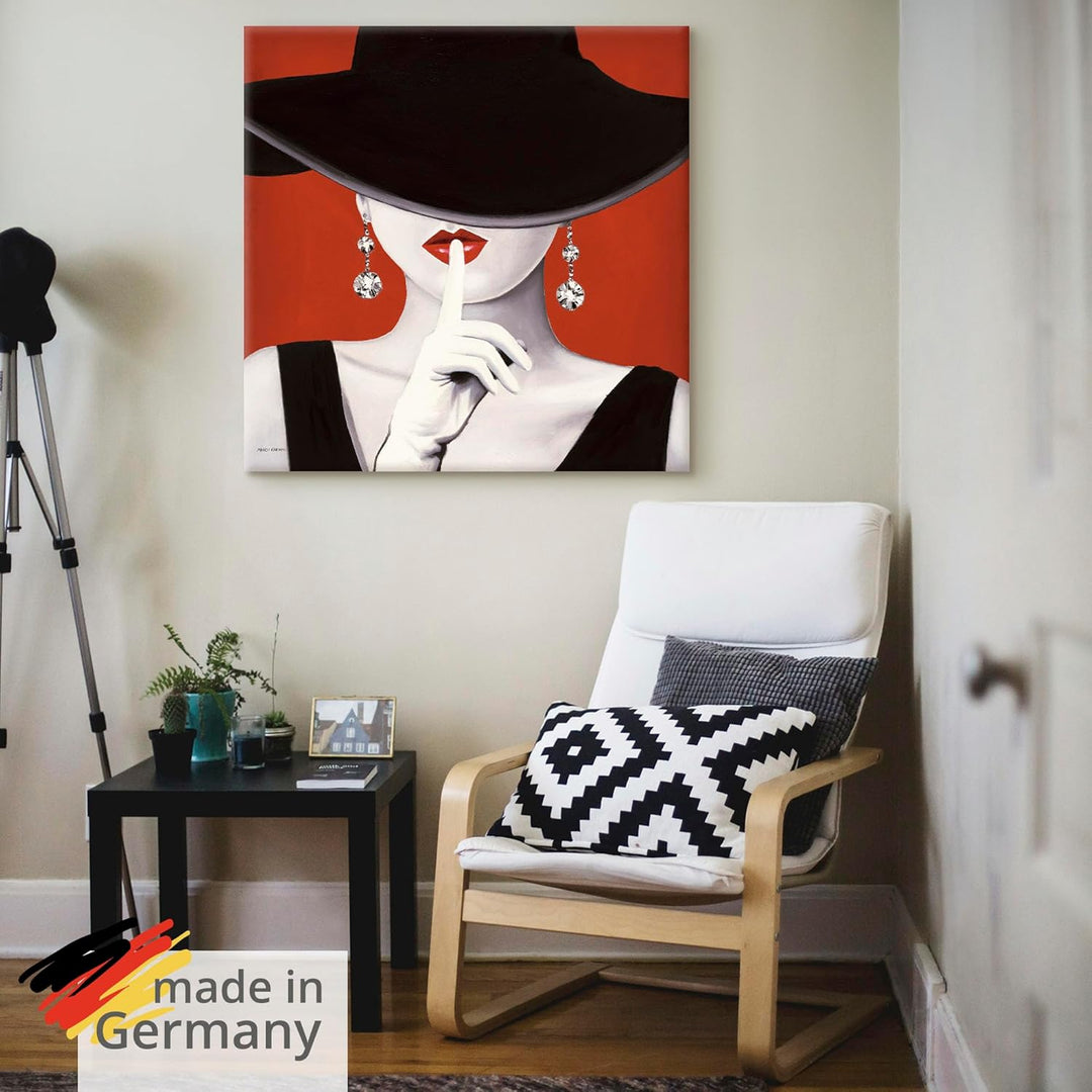 ARTland Leinwandbilder Wandbild Bild auf Leinwand 50x50 cm Wanddeko Frau Hut Stil Lippenstift Beauty