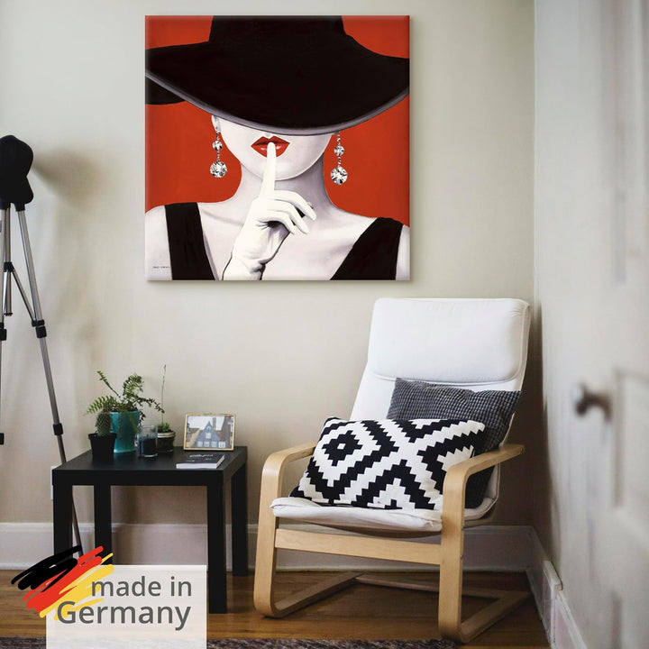 ARTland Leinwandbilder Wandbild Bild auf Leinwand 50x50 cm Wanddeko Frau Hut Stil Lippenstift Beauty