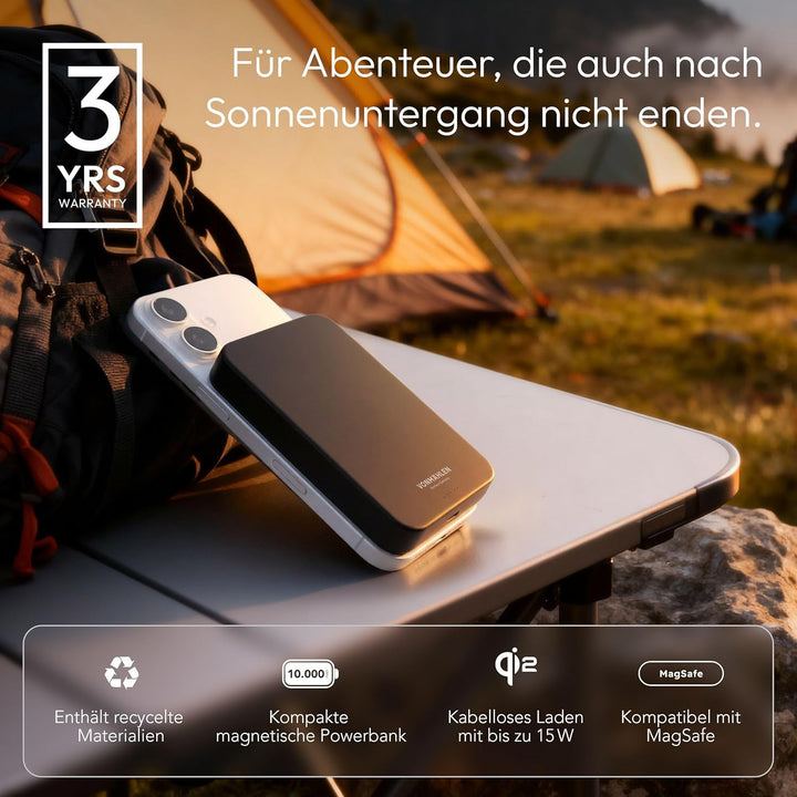 VONMÄHLEN Evergreen Mag 10.000 mAh Qi2-Powerbank – kabelloses Laden mit 15W, kompatibel mit MagSafe,