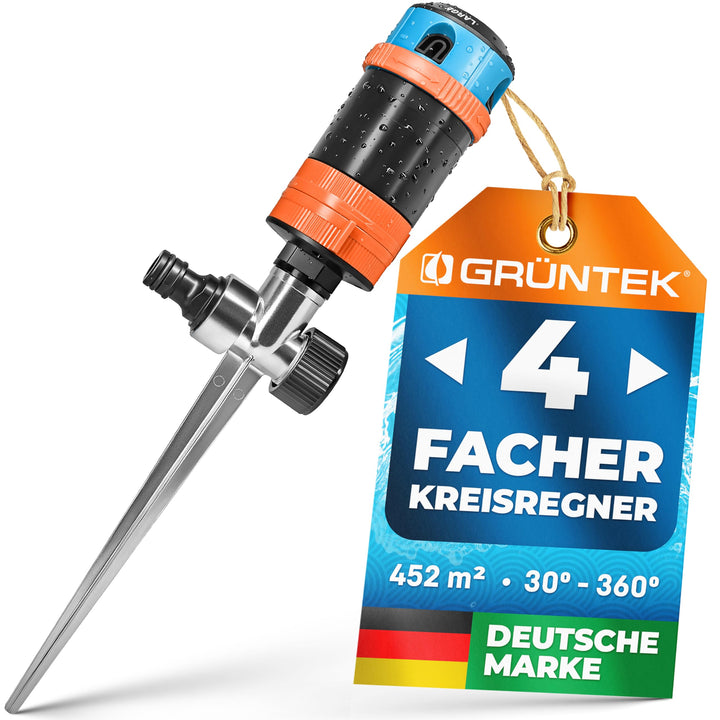 GRÜNTEK 4-facher Multifunktions-Kreisregner bis 452 qm. Grossflächiger Sprinkler Rasensprenger mit S