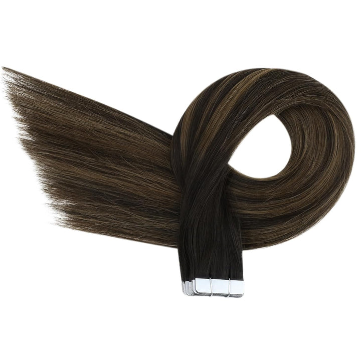 Ugeat 35cm Balayage Tape Extensions Echthaar Haarextension Echthaar Tape Dunkelstes Braun mit Mittel