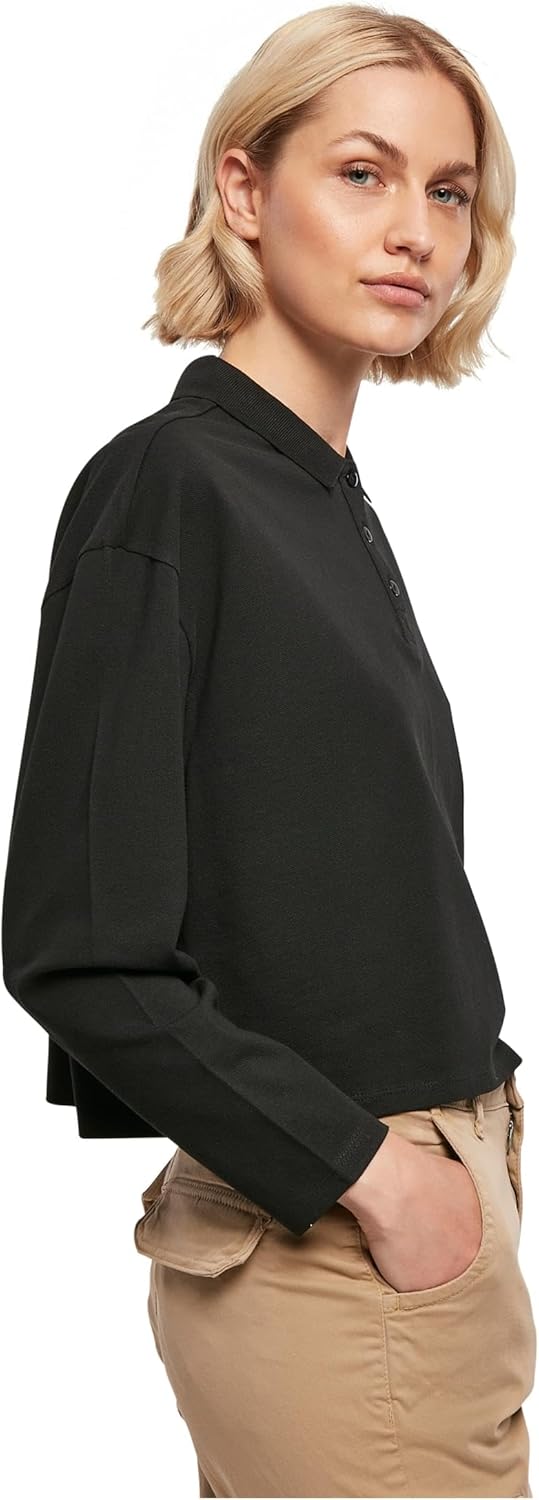 Urban Classics Damen Ladies Short Oversized Polo Longsleeve XXL Schwarz, XXL Schwarz