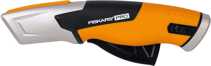 Fiskars Pro Sicherheits-Universalmesser mit einziehbarer Klinge, Länge 17,7 cm, Rostfreier Stahl/Kun