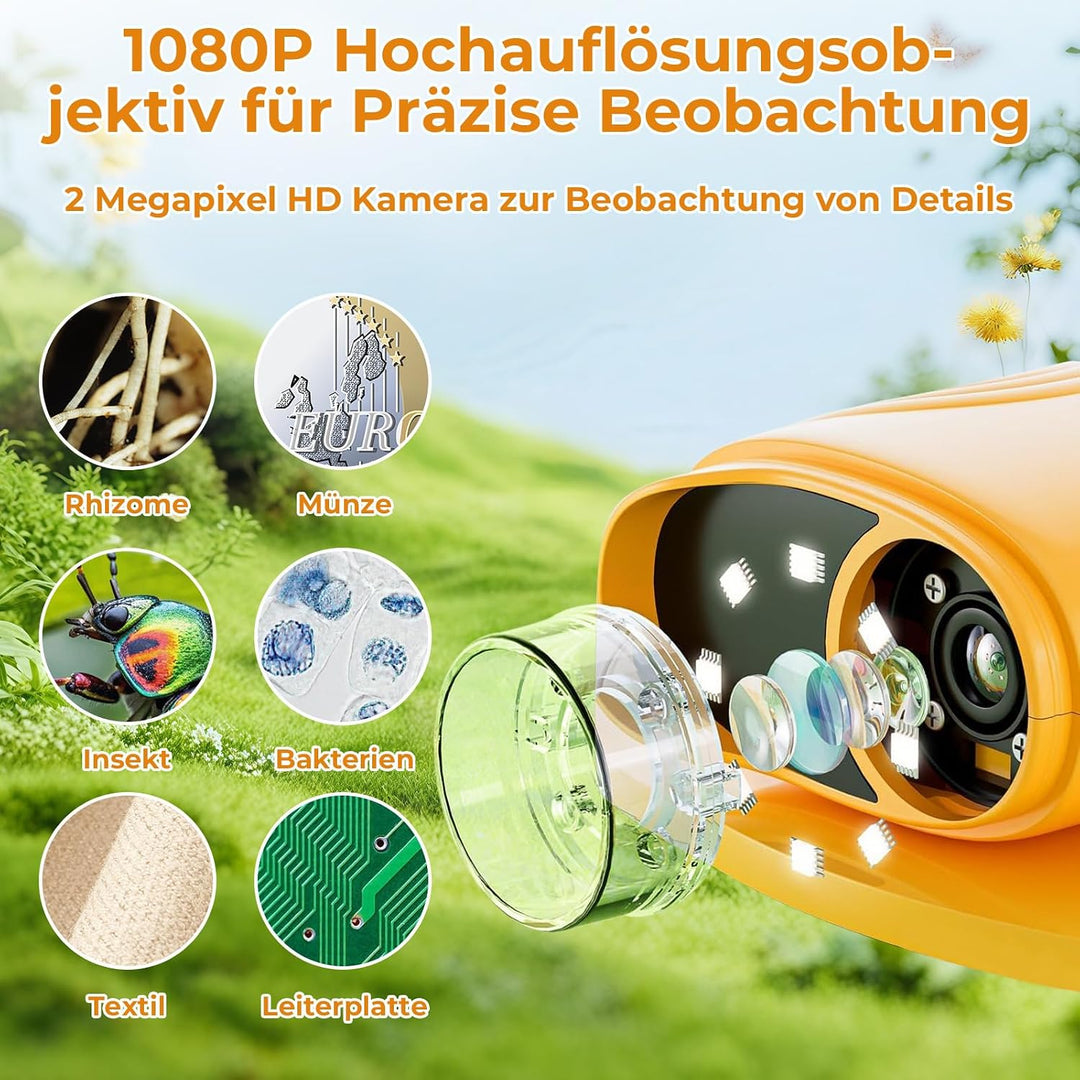 Digitales Mikroskop für Kinder, 1000X Vergrösserung mit 2.0" IPS Bildschirm, USB Wiederaufladbar und