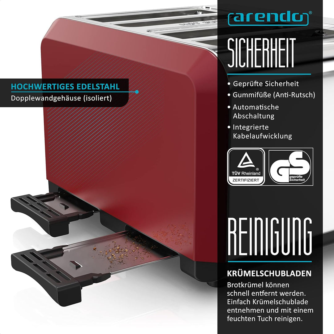 Arendo - Automatik Toaster 4 Scheiben - Edelstahlgehäuse - bis zu vier Sandwich und Toast-Scheiben -