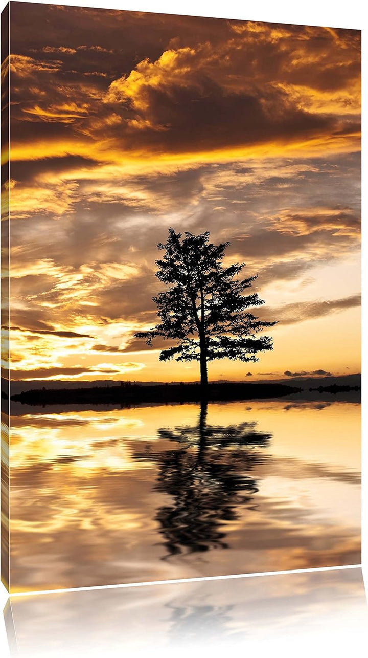 Pixxprint Insel im Meer Baum Sonnenaufgang Steine, Format: 100x70 auf Leinwand, 100x70