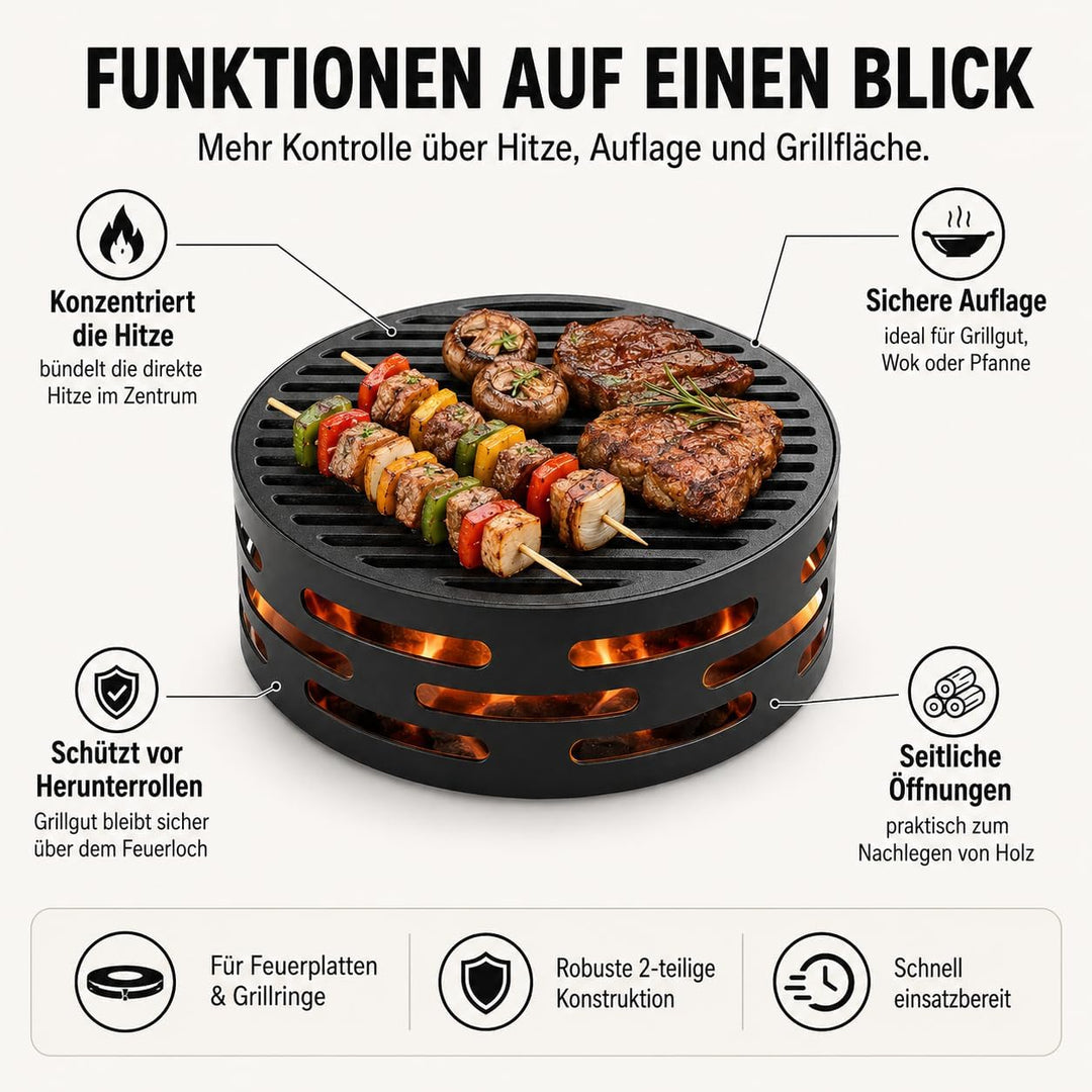 Oleio BBQ Design Schwarzer Wokaufsatz für Feuerplatte | Grillring | Plancha | Grillplatte Wokkrone K
