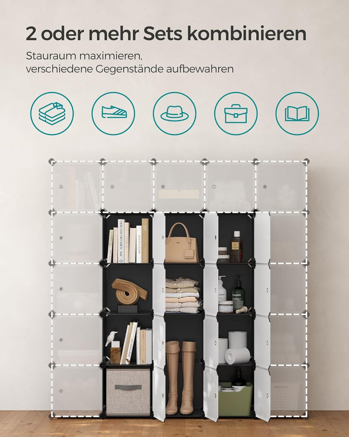 SONGMICS Regalsystem, Schuhregal, Set aus 12 Würfeln, Kleiderschrank aus Kunststoff, mit Türen, Stec