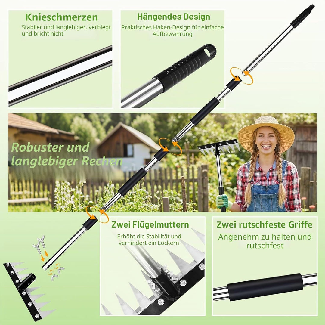 Garten Rechen, Harke Garten aus Manganstahl, Unkrautstecher mit Langem Stiel 155cm, Unkrauthacke Ent