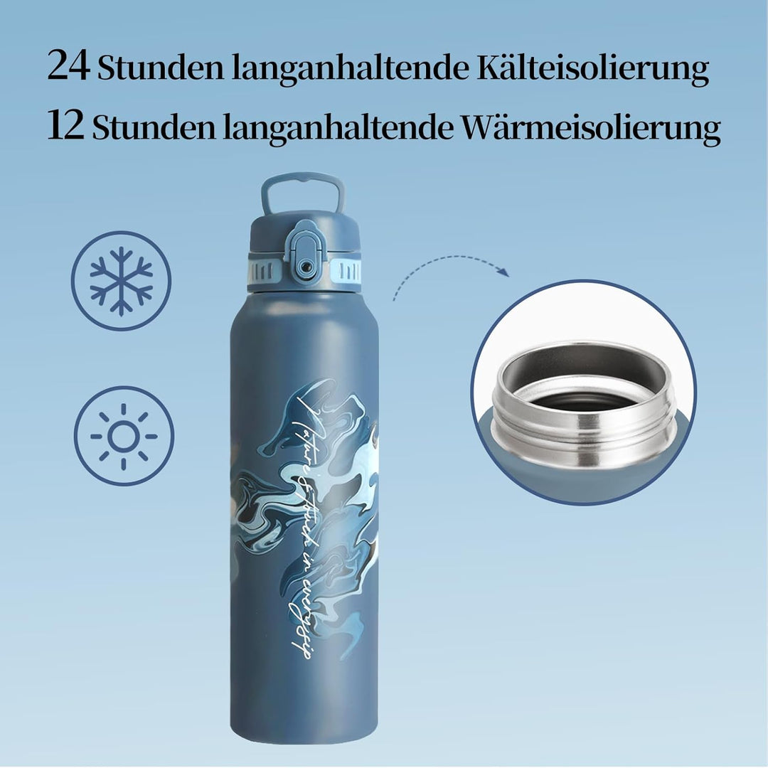 UZSPACE Edelstahl Trinkflasche 1l (970ml), Isolierte Thermosflasche mit 1-Klick-Öffnung, 100% Auslau
