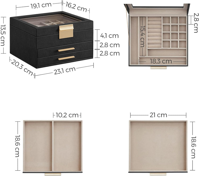 SONGMICS Schmuckkästchen, Schmuckkasten 3 Ebenen, Schmuckbox mit Glasdeckel, 2 Schubladen, Schmuckau