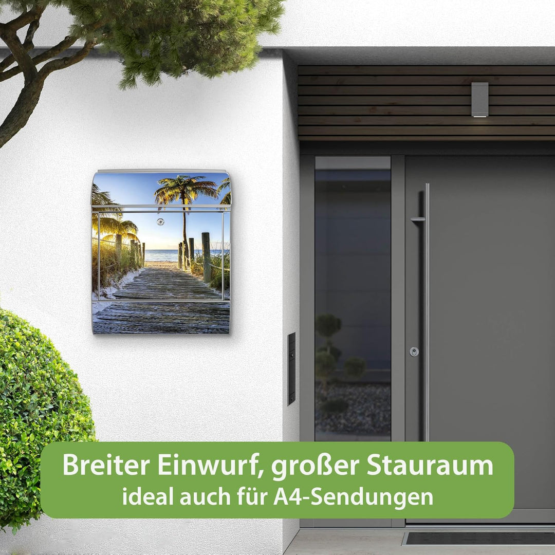 banjado Design Briefkasten 38,5x46,5x13cm & 2 Schlüssel - Briefkasten Stahl Silber mit Zeitungsfach