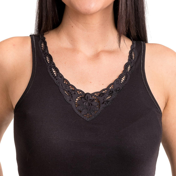 HERMKO 1440 3er Pack Damen Unterhemd mit Spitze aus 100% Bio-Baumwolle, Achselhemd Kochfest L Schwar