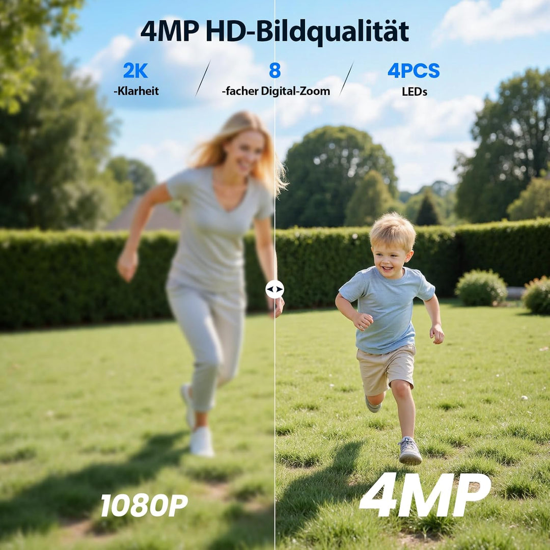 2K Überwachungskamera Aussen Solar WLAN, 2er-Kit mit Lagerbasis, Keine Gebühren, 360° Schwenken & Ne