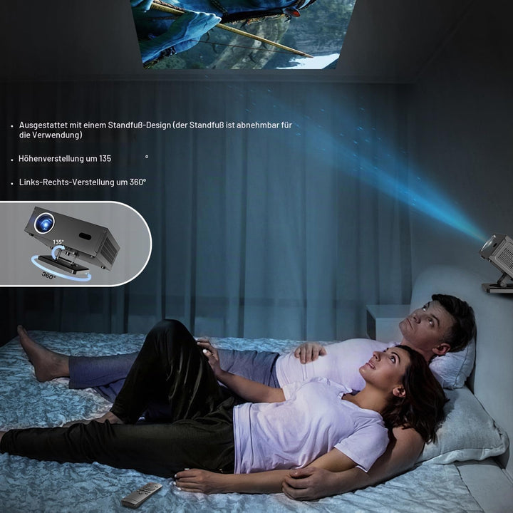 Smart Beamer Full HD 1080P Unterstützt 4K, Projektor 4K mit WiFi 6 BT 5.0 und 360° Abnehmbarer Ständ